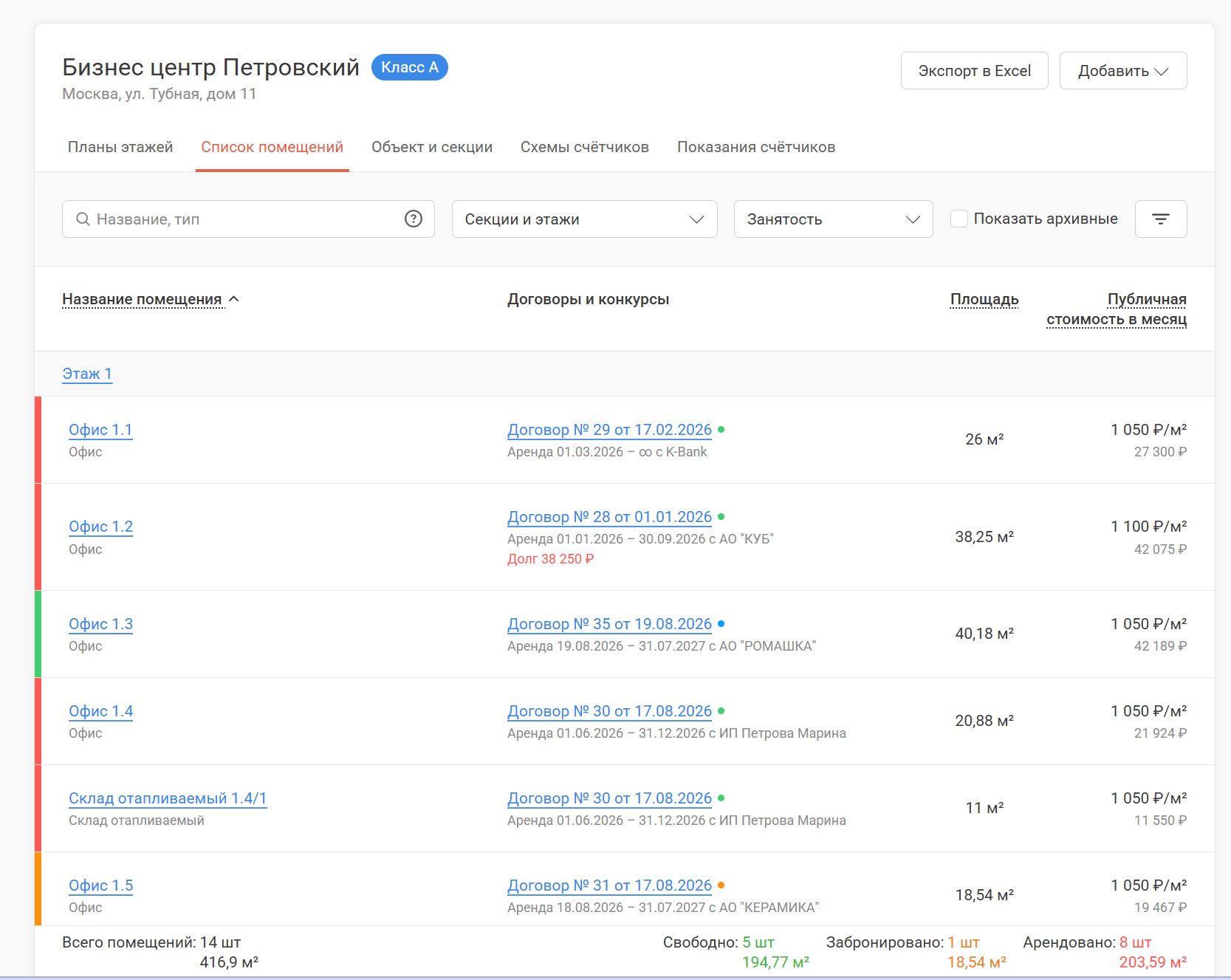 Список помещений с сортировкой и фильтрами