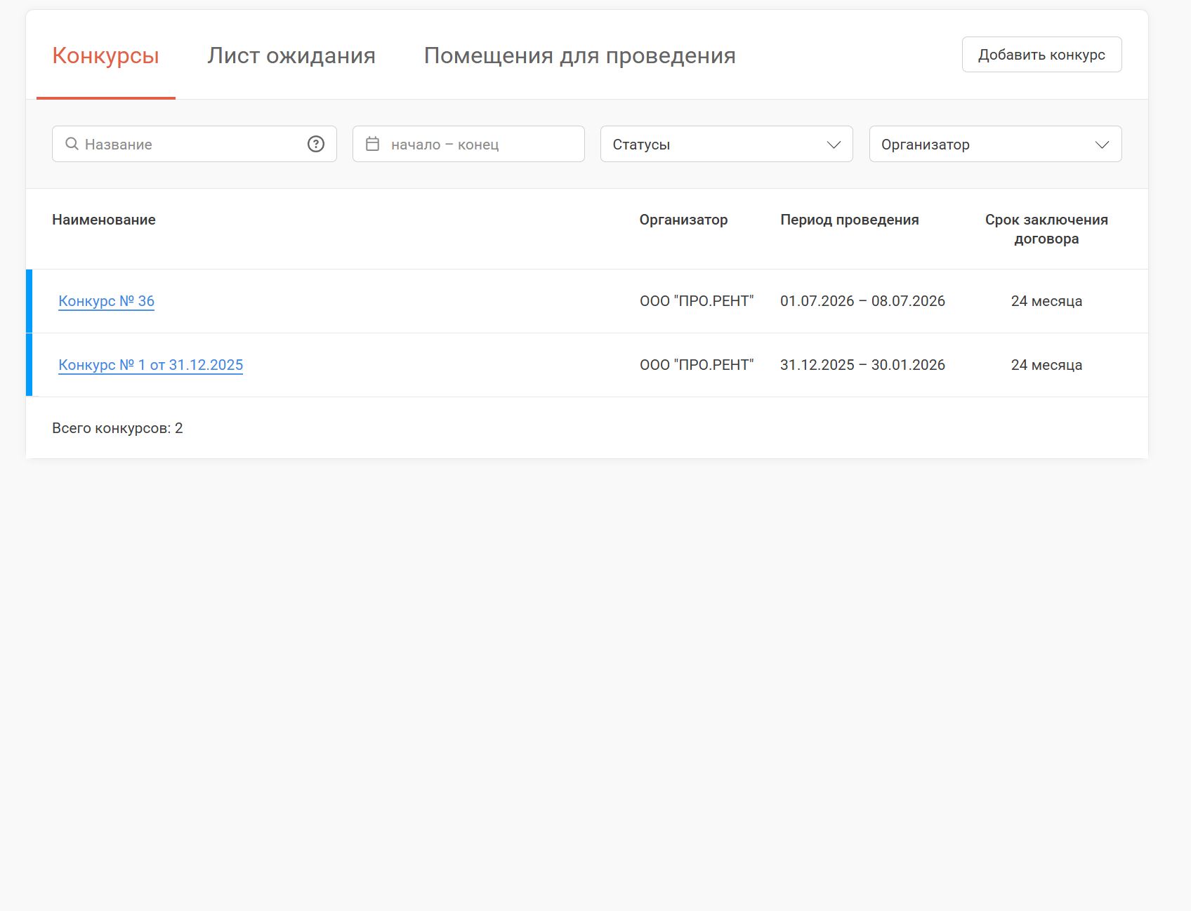 Список конкурсов с периодом проведения и организатором